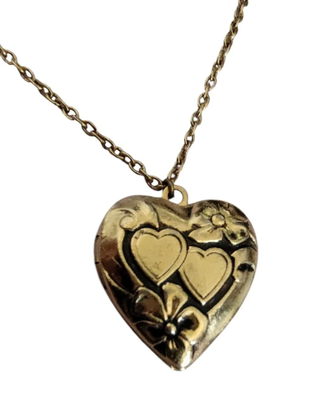 1928 Gold Tone Heart Locket Necklace Floral Double Heart Vintage Inspired